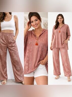 Boho Matching Set Pink Pattern | Top + Wide Leg Pants | Size M